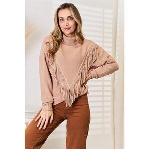 Woven Right Turtleneck Fringe Front Long Sleeve Sweater